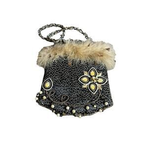 Mary Frances Black Brown Felt Feather Bedazzled Pearls Bag crossbody shoulder